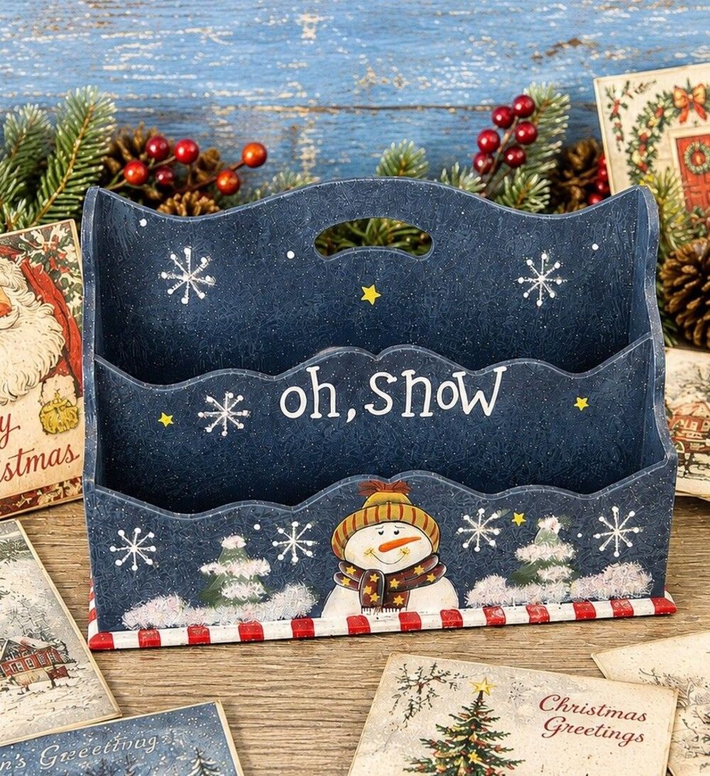 Vintage Snowman Wall Mail Organizer Letter Holder Christmas Wood Decor Rack READ